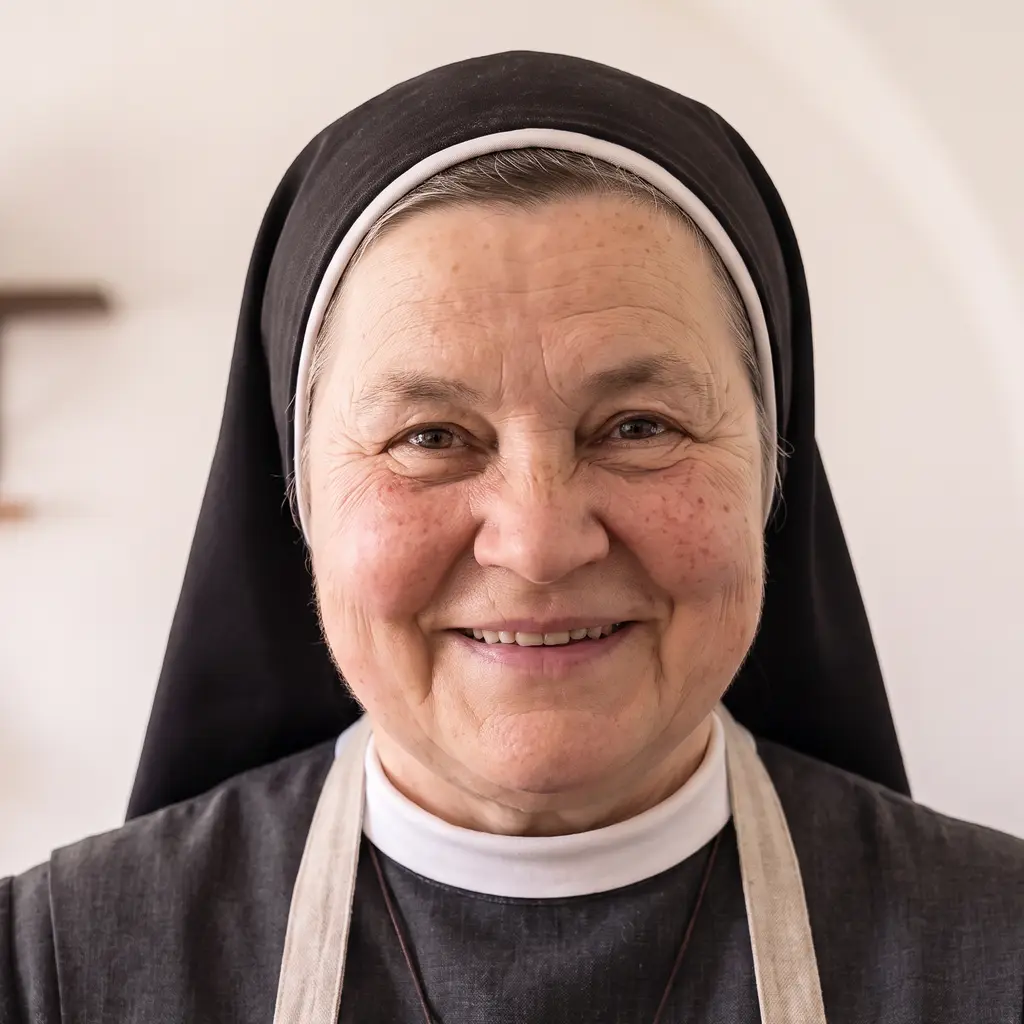 Schwester Agnes lächelt herzlich in ihrer hellen Klosterküche.