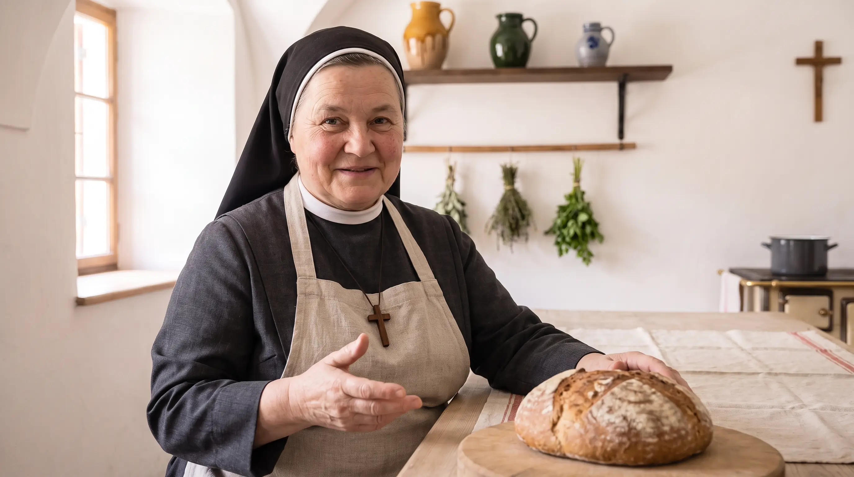 Schwester Agnes in Habit und heller Leinenschürze am Küchentisch, eine Hand auf einem frischen Brotlaib, erzählt freundlich.