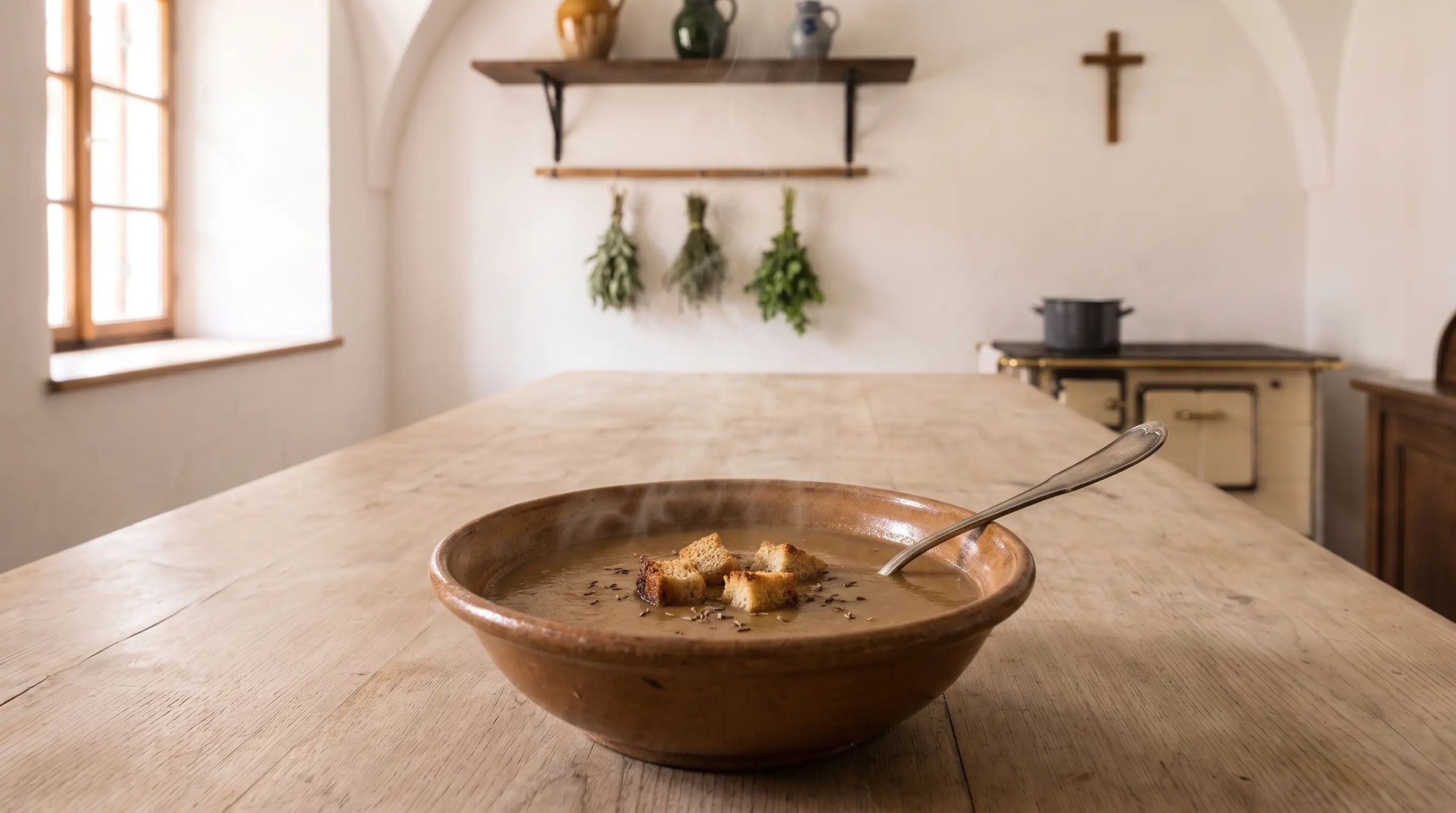 Eine Schüssel goldbraune Brennsuppe mit gerösteten Brotwürfeln und Kümmel.