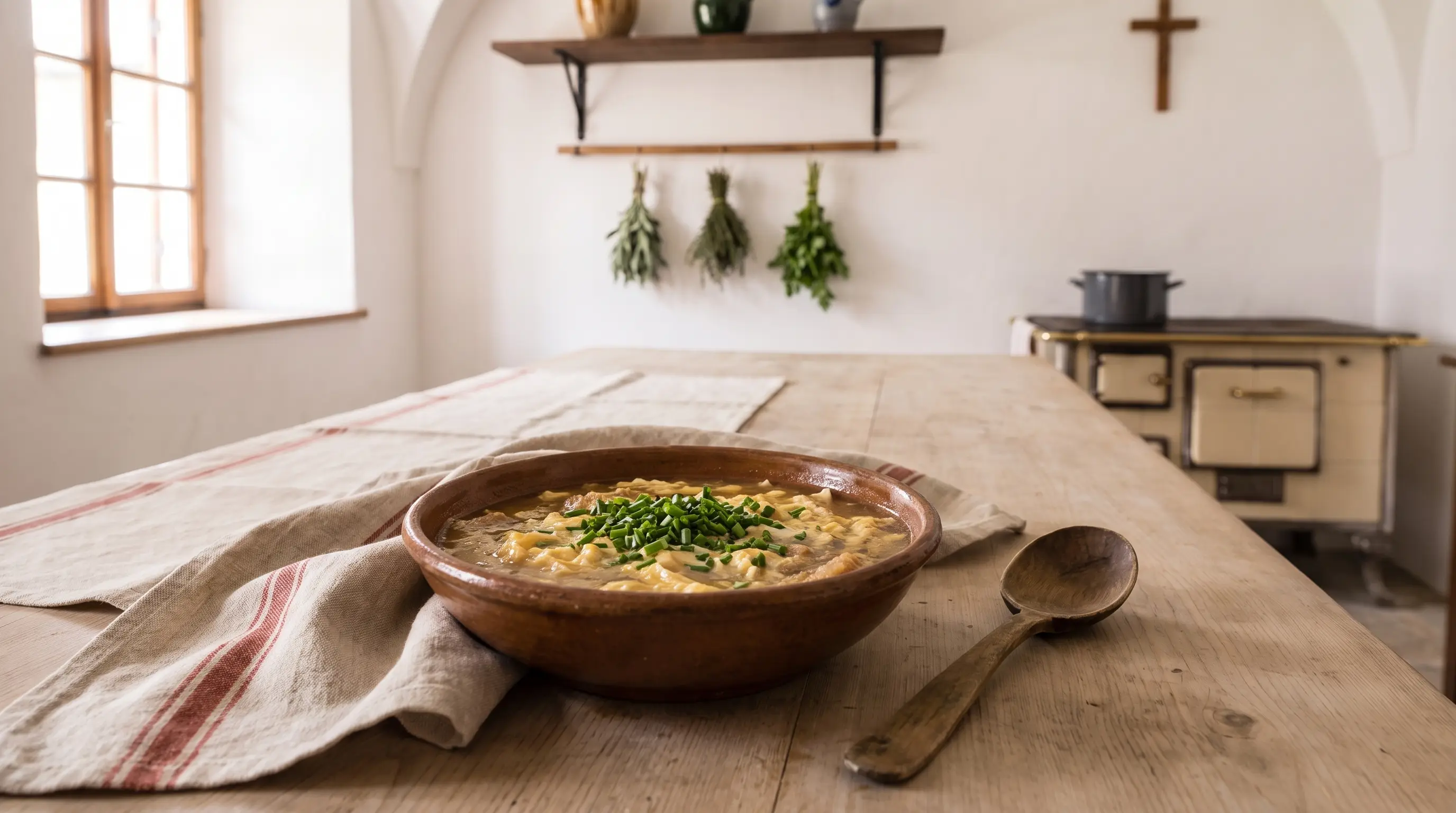 Ein Teller Brotsuppe mit Ei und Schnittlauch auf einem Holztisch.